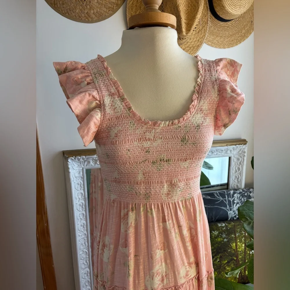 LoveShackFancy Chessie Maxi Dress Ballet Pink Floral Smocked M Cottagecore - Picture 5 of 10